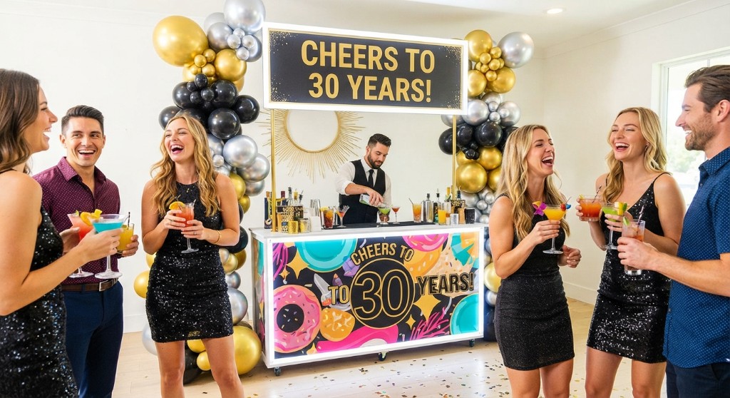 Guests with cocktails at a thirtieth birthday party bar