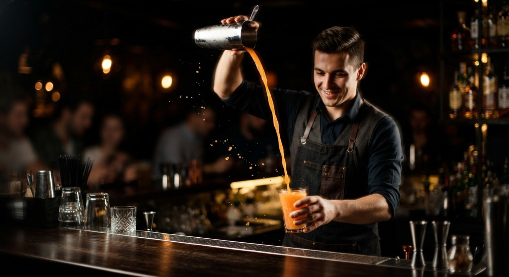 Bartender pouring a bright citrus drink from a shaker tin