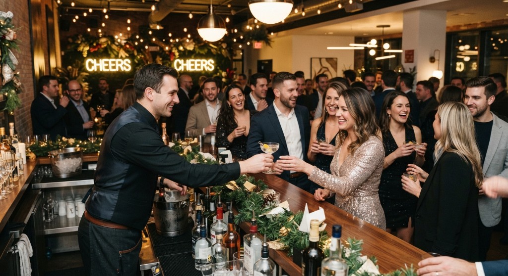 Bartender handing a coupe to guests at a holiday office bar