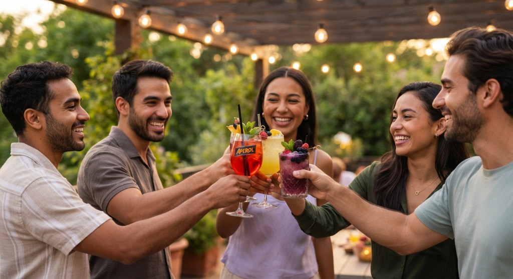Four guests toasting cocktails under string lights