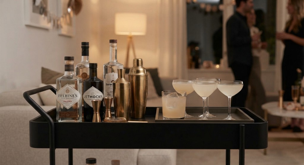 Black bar cart with bottles, shakers, and coupes