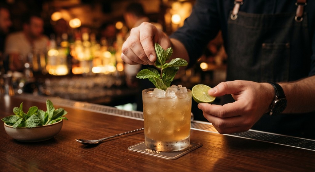 Hands placing mint and lime on a rocks cocktail