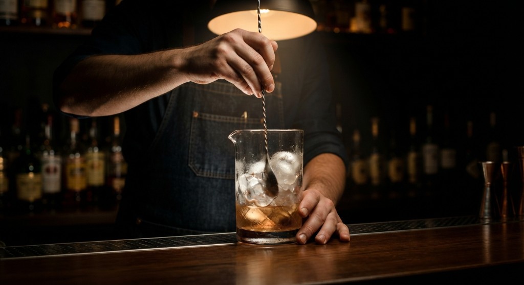 Hands stirring a cocktail in a mixing glass