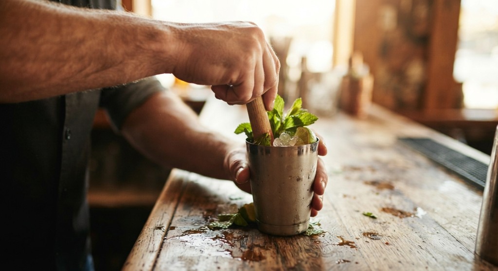 Hands muddling mint and lime in a shaker tin