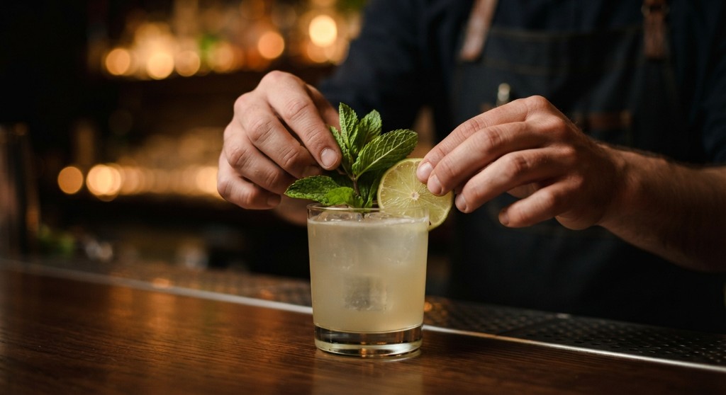 Mint and lime garnish on a pale rocks cocktail