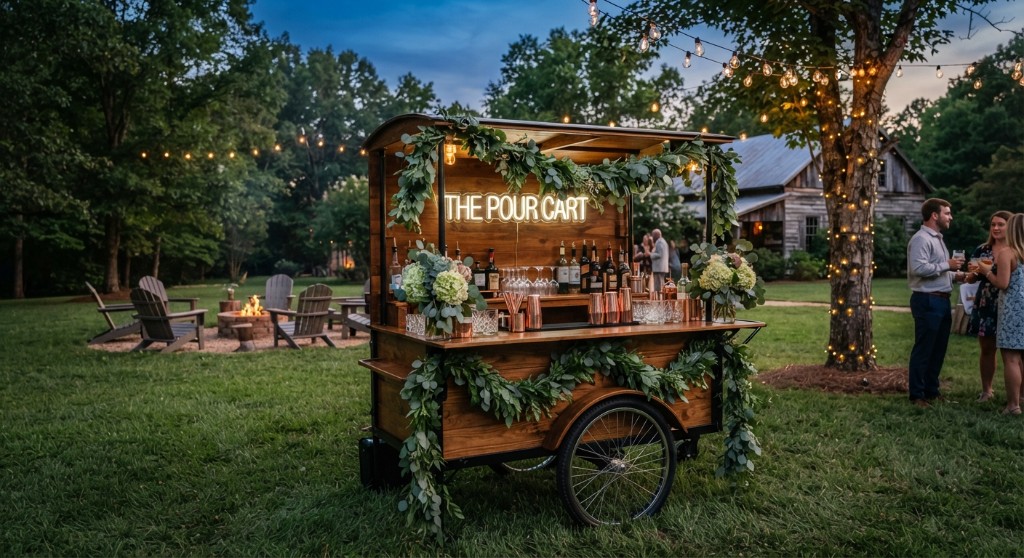 Wooden garden bar cart under string lights at dusk