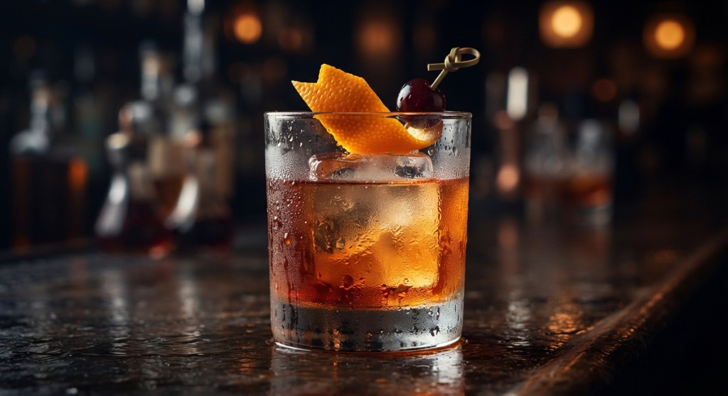 Old fashioned with orange peel and cherry in a rocks glass