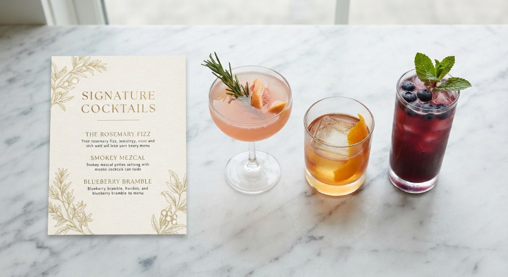 Three signature cocktails beside a printed cocktail menu