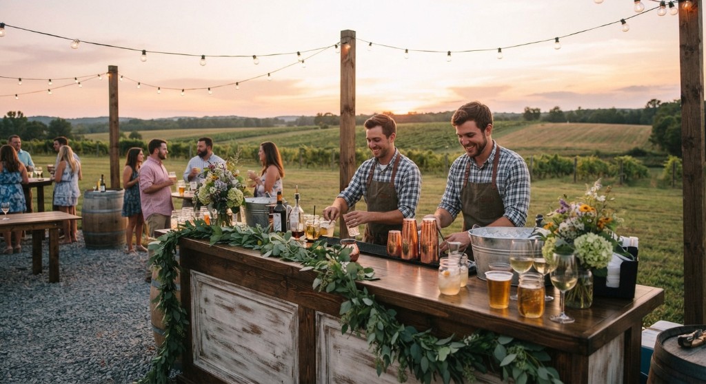 Two bartenders at an outdoor sunset bar overlooking a field