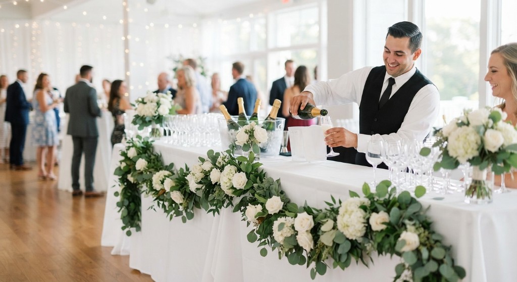 Bartender in a vest pouring champagne at a white-rose wedding bar