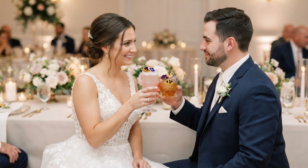 Bride and groom toasting with cocktails at a reception