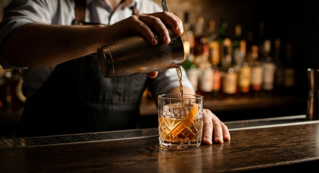 Bartender pouring whiskey from a tin into a rocks glass